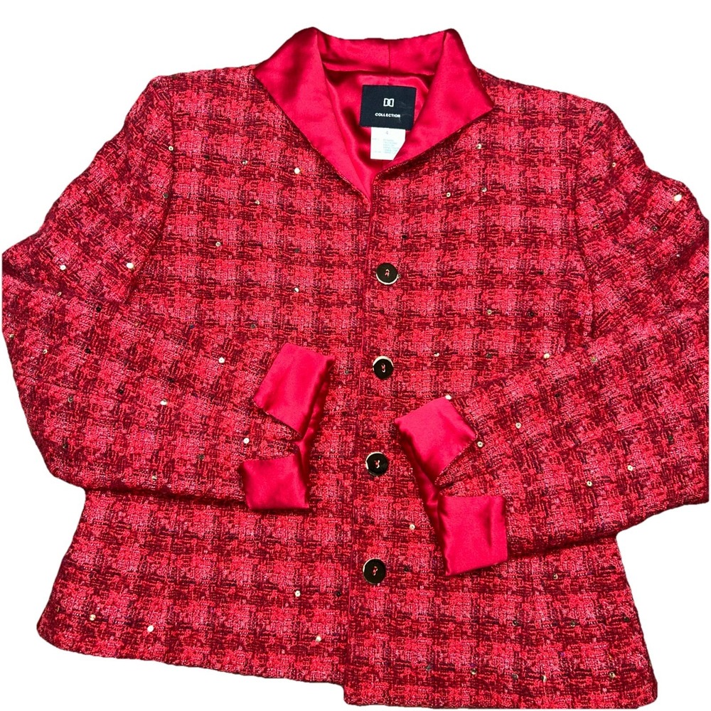 Vintage Doncaster Red Wool Blend Jacket, Gold Sequin & Buttons, Womens Size 4